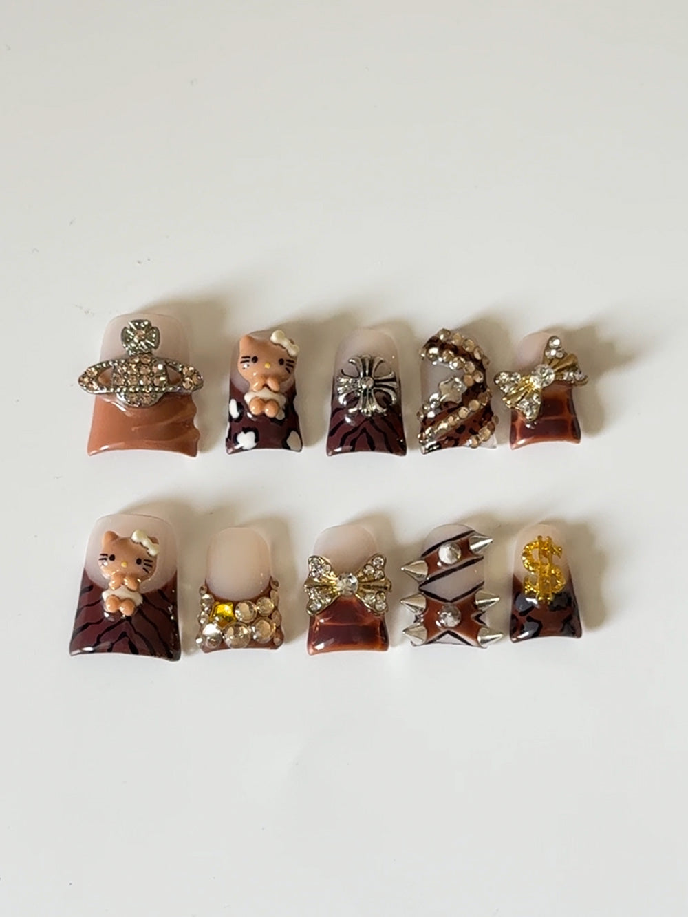 10 Pcs Press on Nails | Handmade Fake Nails with 3D Pearl Charms Design