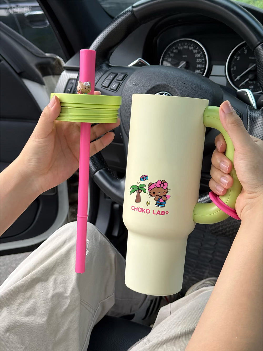 Big Straw Thermos |Car Ice Cup|Ceramic liner (does not include Hello Kitty stickers or accessories)