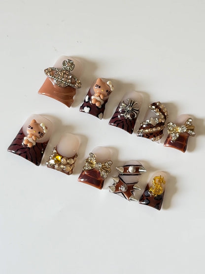 10 Pcs Press on Nails | Handmade Fake Nails with 3D Pearl Charms Design