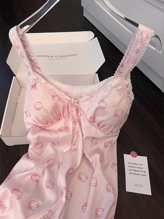 Hello Kitty Printed Ice Silk Pajamas | Nightgown with padded straps