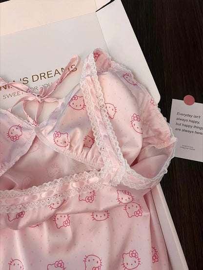 Hello Kitty Printed Ice Silk Pajamas | Nightgown with padded straps