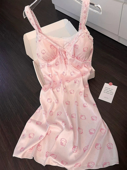 Hello Kitty Printed Ice Silk Pajamas | Nightgown with padded straps