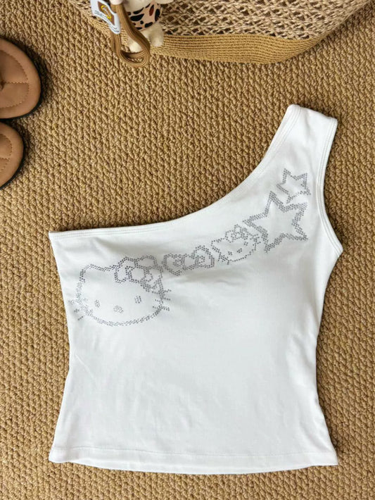 Hello Kitty rhinestone off-shoulder cropped vest | Off-shoulder versatile top