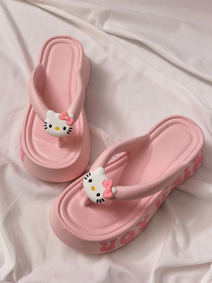 Hello Kitty platform flip-flops | Small height-enhancing EVA slippers | Non-slip beach shoes