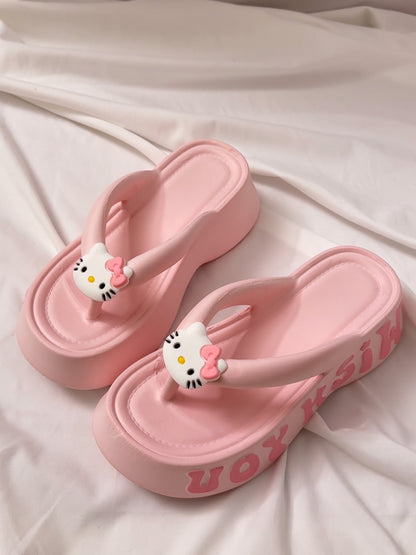 Hello Kitty platform flip-flops | Small height-enhancing EVA slippers | Non-slip beach shoes