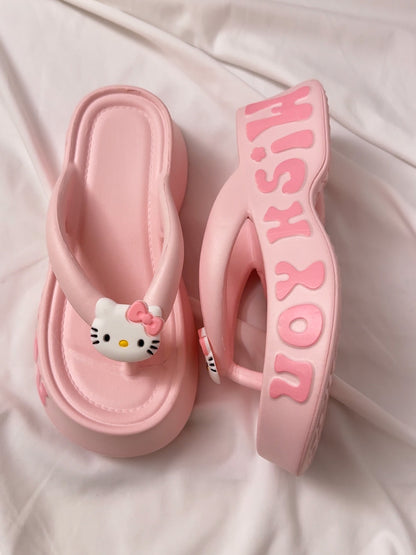 Hello Kitty platform flip-flops | Small height-enhancing EVA slippers | Non-slip beach shoes