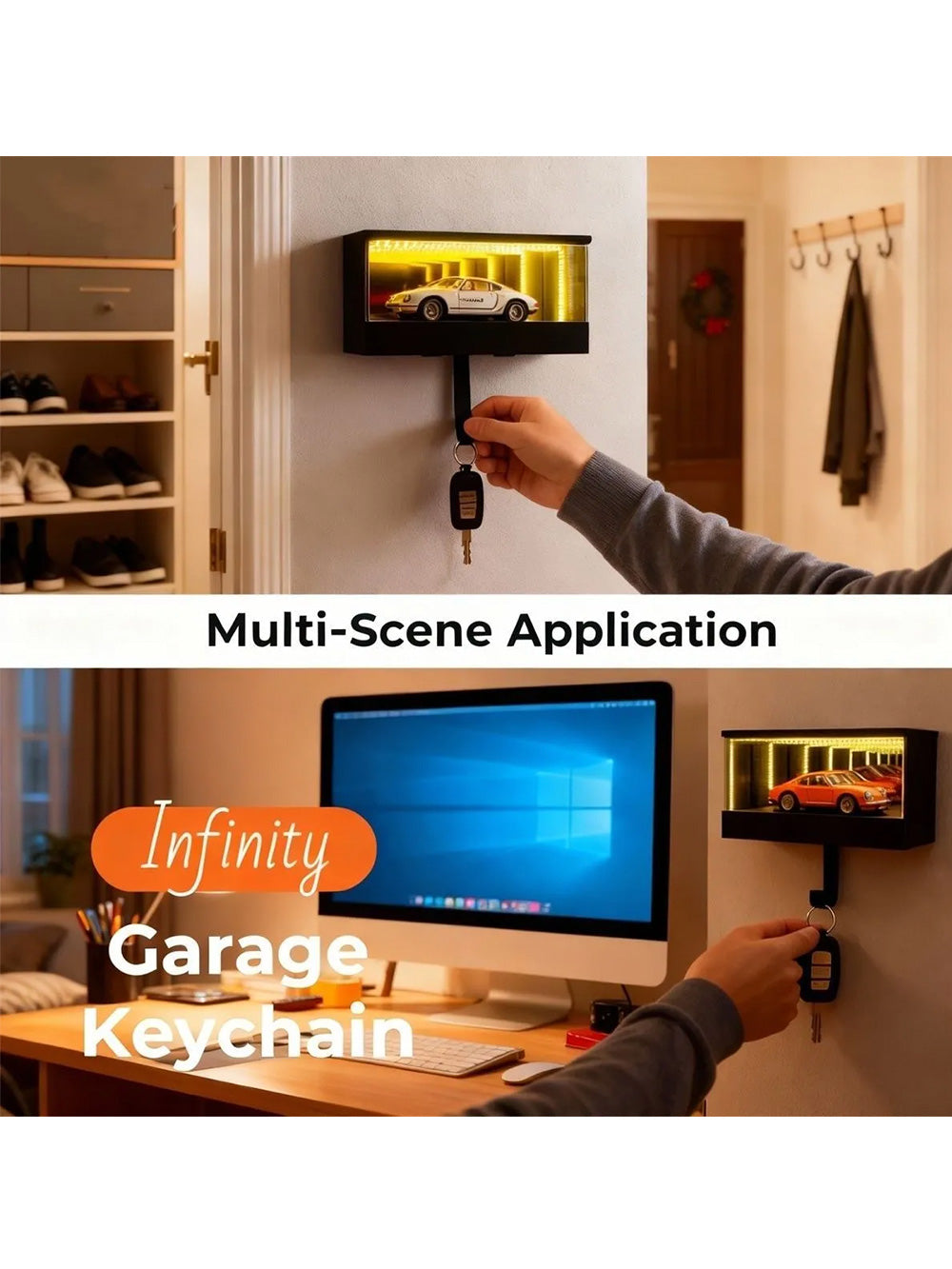 Keychain holder | Infinite depth mirror garage keychain holder |3D wall-mounted LED Decoration Display Box