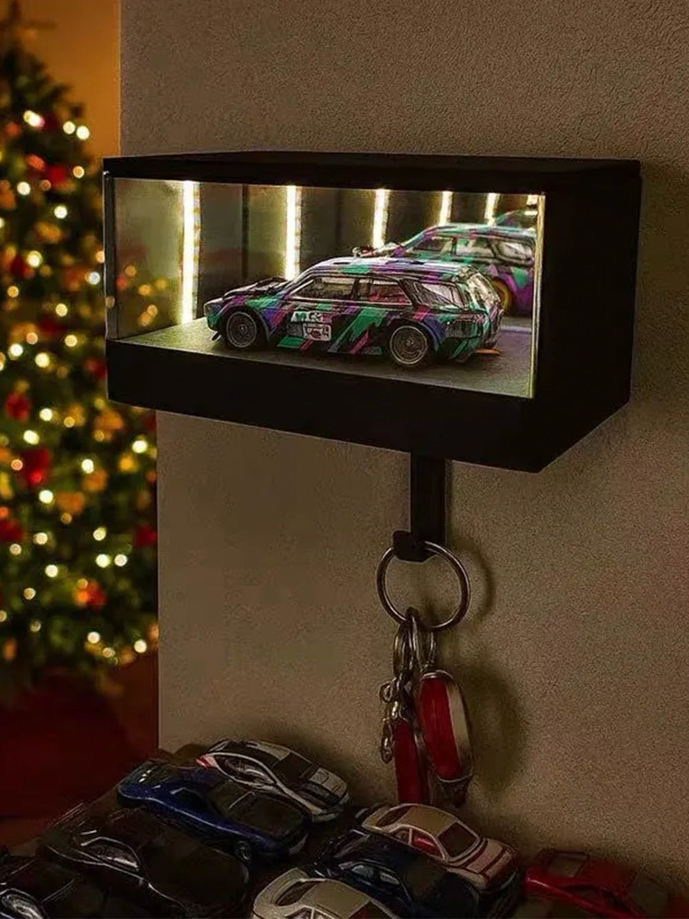 Keychain holder | Infinite depth mirror garage keychain holder |3D wall-mounted LED Decoration Display Box
